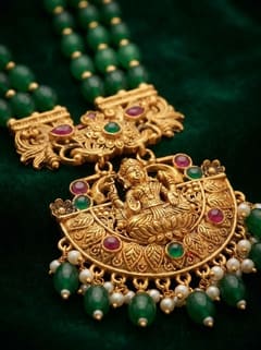 Peacock Yoke Lakshmi Bead Long Haram Rani Haar Set with Jhumkas - Green Beads - photo 2