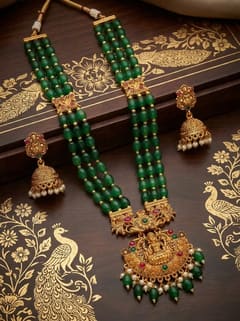 Peacock Yoke Lakshmi Bead Long Haram Rani Haar Set with Jhumkas - Green Beads - photo 3