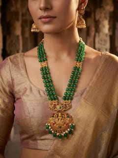 Peacock Yoke Lakshmi Bead Long Haram Rani Haar Set with Jhumkas - Green Beads - photo 4