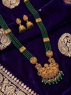 Twin Peacock Lakshmi Crystal Bead Long Haram Rani Haar Set with Jhumkas - Maroon Beads - photo 2