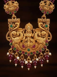 Twin Peacock Lakshmi Crystal Bead Long Haram Rani Haar Set with Jhumkas - Maroon Beads - photo 4