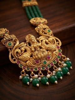Twin Peacock Lakshmi Crystal Bead Long Haram Rani Haar Set with Jhumkas - Maroon Beads - photo 5