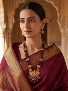 Twin Peacock Lakshmi Crystal Bead Long Haram Rani Haar Set with Jhumkas - Maroon Beads - photo 6