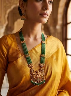 Twin Peacock Lakshmi Crystal Bead Long Haram Rani Haar Set with Jhumkas - Maroon Beads - photo 8