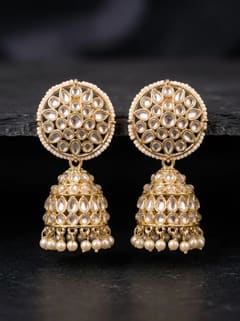 Round Kundan Jhumka Earrings with Pearl Border - photo 2