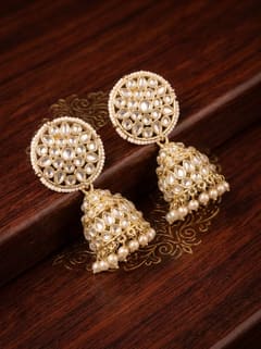 Round Kundan Jhumka Earrings with Pearl Border - photo 3