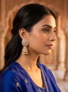 Round Kundan Jhumka Earrings with Pearl Border - photo 4