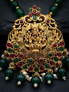 Round Medallion Lakshmi Temple Pendant - Green Bead Chain - photo 2
