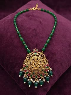 Round Medallion Lakshmi Temple Pendant - Green Bead Chain - photo 3