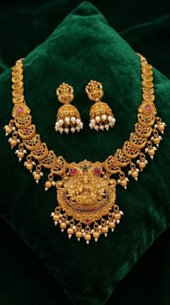 Lakshmi Mango Temple Haar Necklace Set with Jhumkas - Gold-Tone Bead Drops - photo 2
