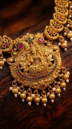 Lakshmi Mango Temple Haar Necklace Set with Jhumkas - Gold-Tone Bead Drops - photo 3