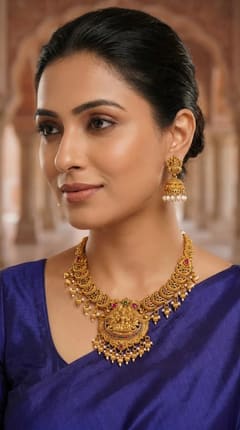 Lakshmi Mango Temple Haar Necklace Set with Jhumkas - Gold-Tone Bead Drops - photo 4