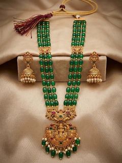 Peacock Yoke Lakshmi Bead Long Haram Rani Haar Set with Jhumkas - Green Beads - photo 1