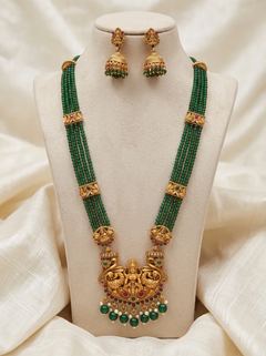 Twin Peacock Lakshmi Crystal Bead Long Haram Rani Haar Set with Jhumkas - Green Beads - photo 1