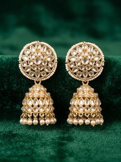 Round Kundan Jhumka Earrings with Pearl Border - photo 1
