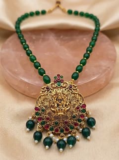 Round Medallion Lakshmi Temple Pendant - Green Bead Chain - photo 1