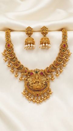 Lakshmi Mango Temple Haar Necklace Set with Jhumkas - Gold-Tone Bead Drops - photo 1
