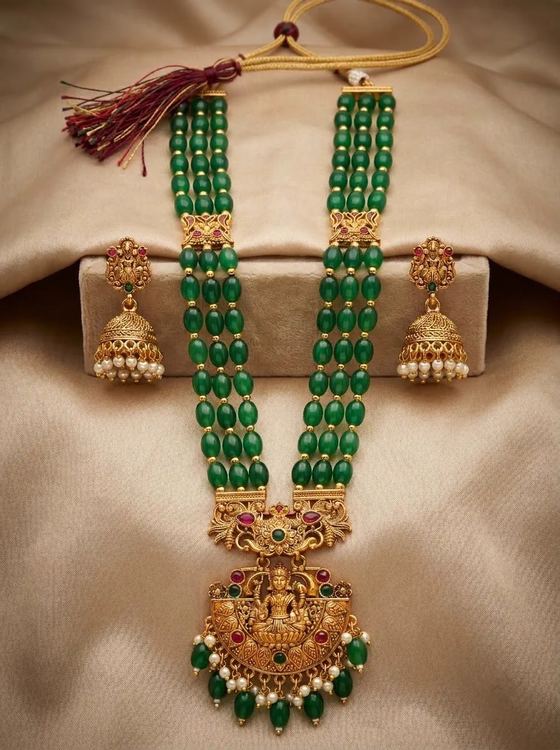 Peacock Yoke Lakshmi Bead Long Haram Rani Haar Set with Jhumkas - Green Beads - Necklace from Saubhagya Jewellery