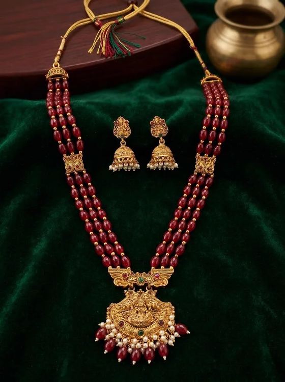 Scroll Yoke Lakshmi Bead Long Haram Rani Haar Set with Jhumkas - Maroon Beads - Necklace from Saubhagya Jewellery