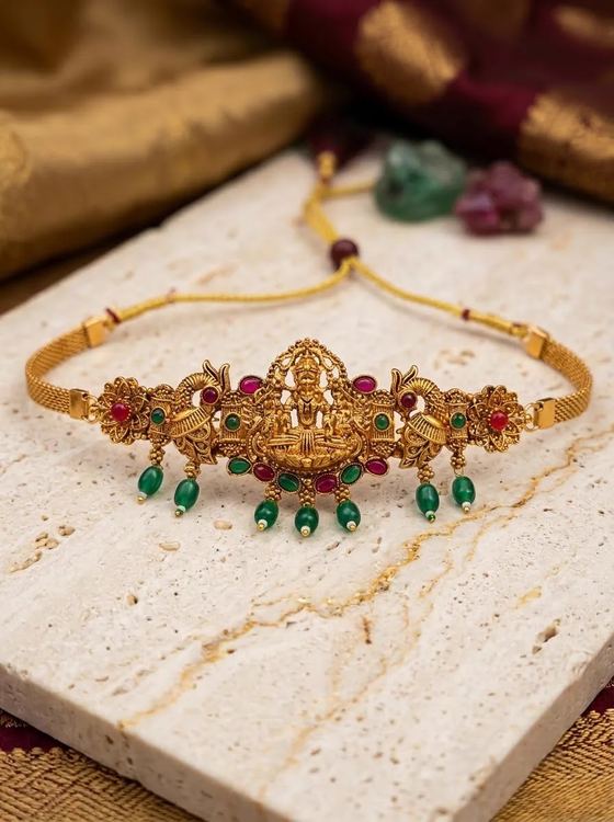 Peacock Lakshmi Temple Choker - Green Bead Drops - Choker from Saubhagya Jewellery