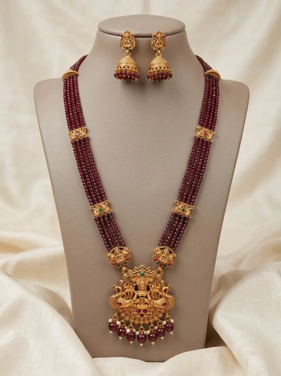 Peacock Lakshmi Crystal Bead Long Haram Rani Haar Set with Jhumkas - Maroon Beads - Necklace from Saubhagya Jewellery