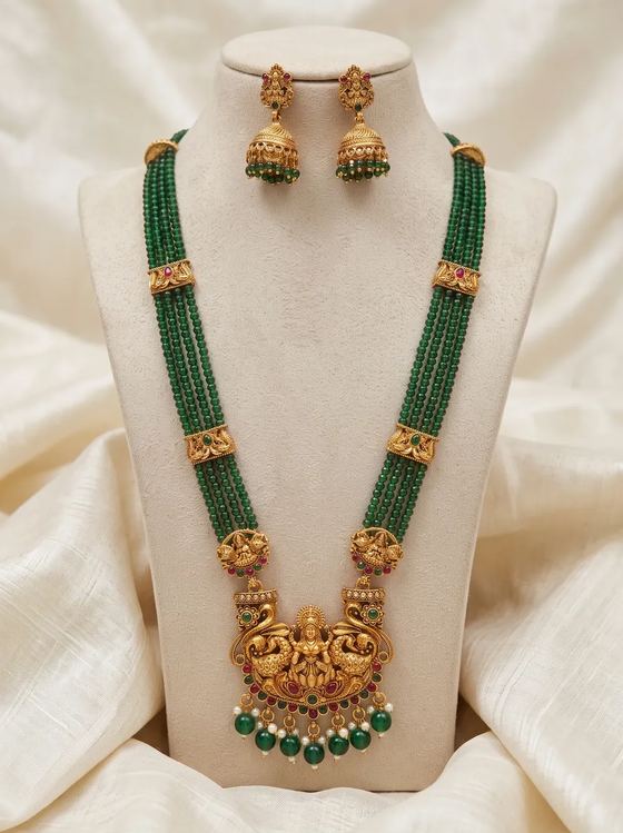 Twin Peacock Lakshmi Crystal Bead Long Haram Rani Haar Set with Jhumkas - Maroon Beads - Necklace from Saubhagya Jewellery