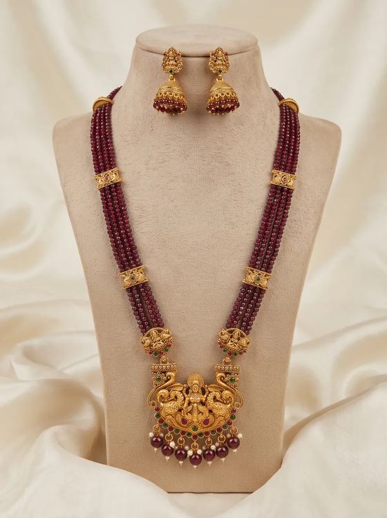Twin Peacock Lakshmi Crystal Bead Long Haram Rani Haar Set with Jhumkas - Maroon Beads - Necklace from Saubhagya Jewellery
