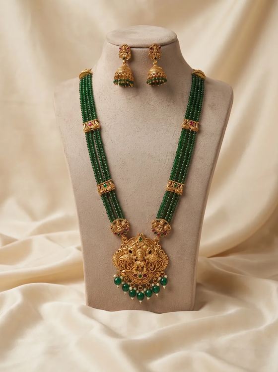 Round Lakshmi Crystal Bead Long Haram Rani Haar Set with Jhumkas - Maroon Beads - Necklace from Saubhagya Jewellery