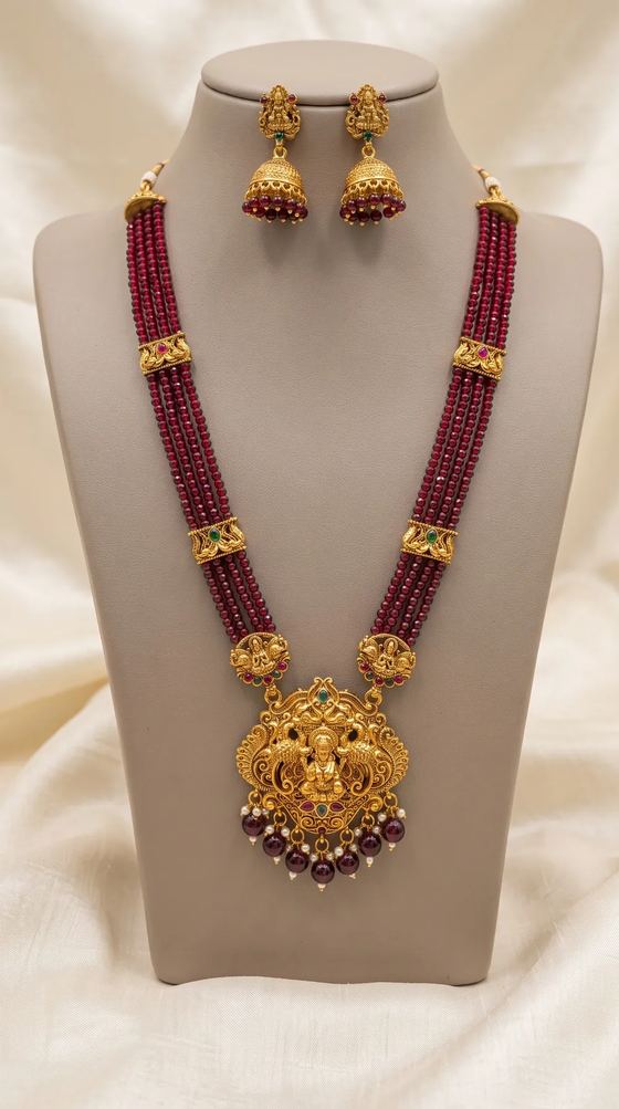 Round Lakshmi Crystal Bead Long Haram Rani Haar Set with Jhumkas - Maroon Beads - Necklace from Saubhagya Jewellery