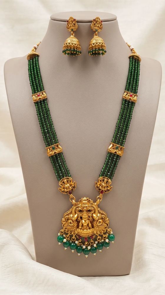 Compact Lakshmi Crystal Bead Long Haram Rani Haar Set with Jhumkas - Maroon Beads - Necklace from Saubhagya Jewellery