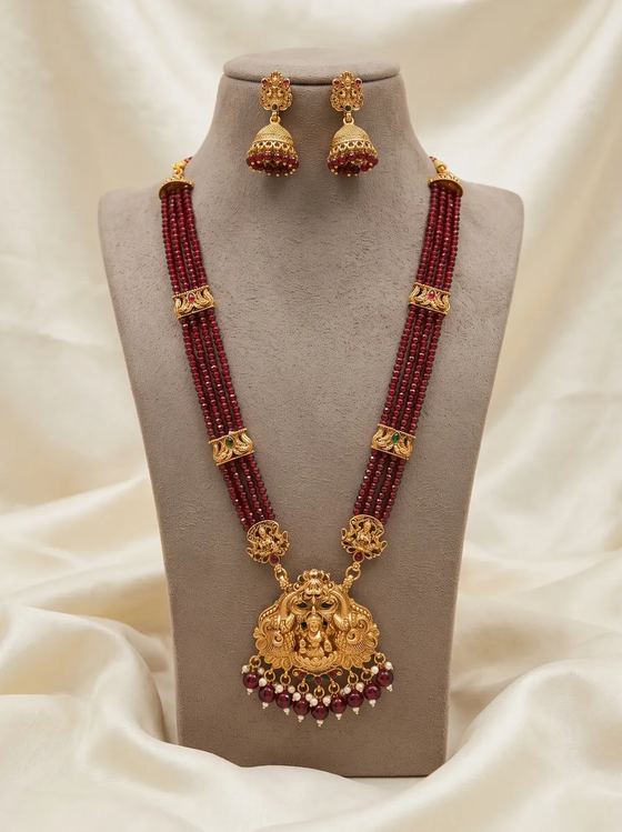 Compact Lakshmi Crystal Bead Long Haram Rani Haar Set with Jhumkas - Maroon Beads - Necklace from Saubhagya Jewellery