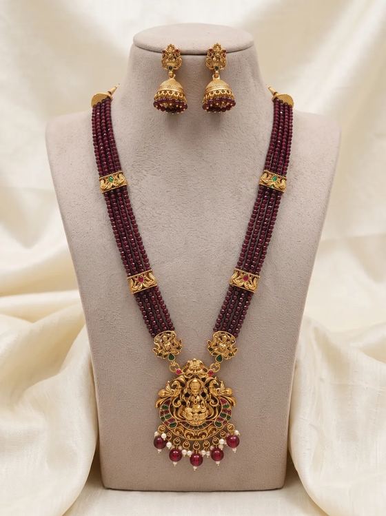Ornate Lakshmi Crystal Bead Long Haram Rani Haar Set with Jhumkas - Maroon Beads - Necklace from Saubhagya Jewellery