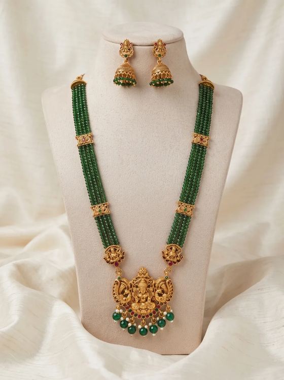 Emerald Green Lakshmi Crystal Bead Long Haram Rani Haar Set with Jhumkas - Necklace from Saubhagya Jewellery