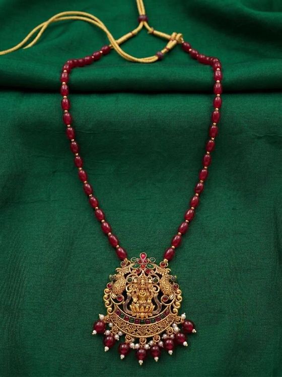 Crown Peacock Lakshmi Temple Pendant - Red Bead Chain - Pendant from Saubhagya Jewellery