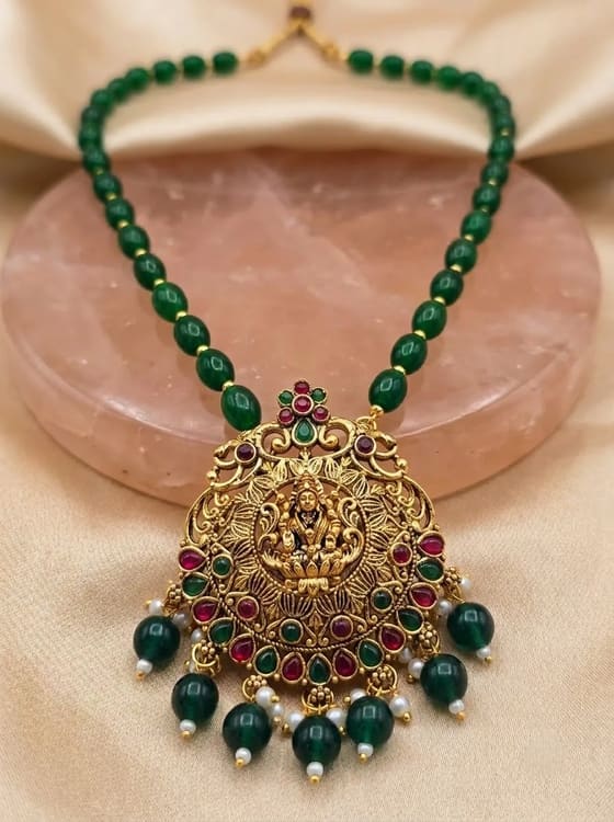 Round Medallion Lakshmi Temple Pendant - Green Bead Chain - Pendant from Saubhagya Jewellery