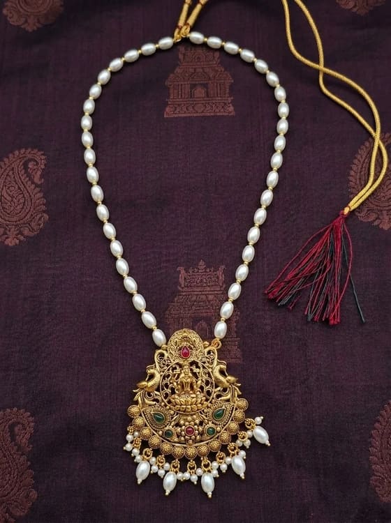 Twin Peacock Lakshmi Temple Pendant - Pearl Chain - Pendant from Saubhagya Jewellery