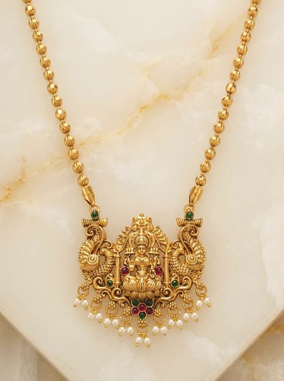 Peacock Arch Lakshmi Temple Pendant - Pearl Drops - Pendant from Saubhagya Jewellery