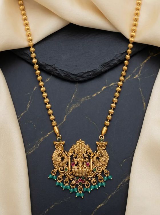Peacock Arch Lakshmi Temple Pendant - Green Bead Drops - Pendant from Saubhagya Jewellery