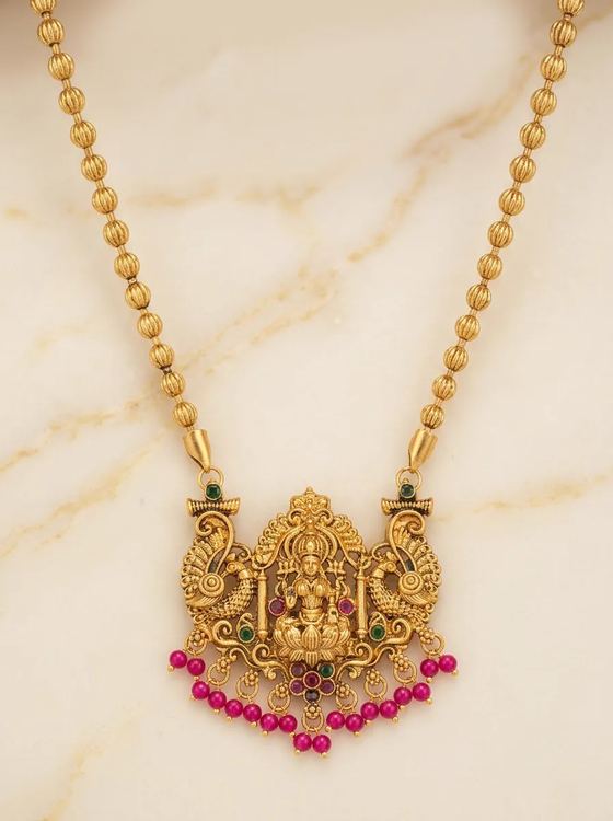 Peacock Arch Lakshmi Temple Pendant - Pink Bead Drops - Pendant from Saubhagya Jewellery