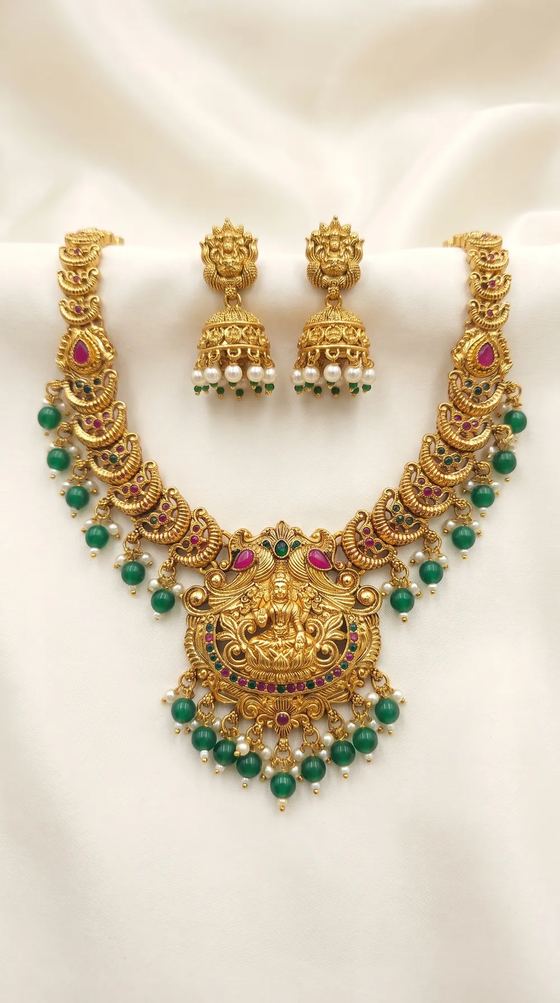 Lakshmi Mango Temple Haar Necklace Set with Jhumkas - Gold Bead Drops - Necklace from Saubhagya Jewellery