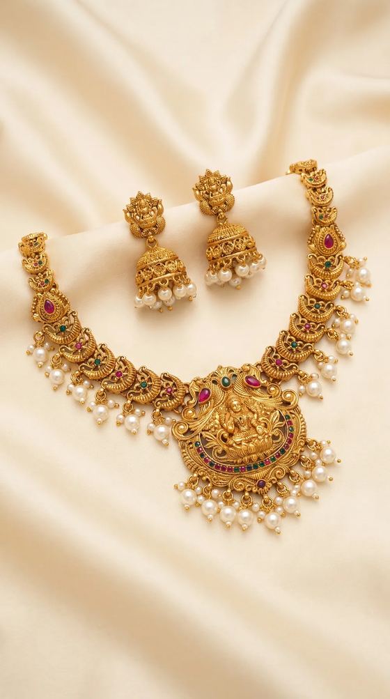 Lakshmi Mango Temple Haar Necklace Set with Jhumkas - Gold Bead Drops - Necklace from Saubhagya Jewellery