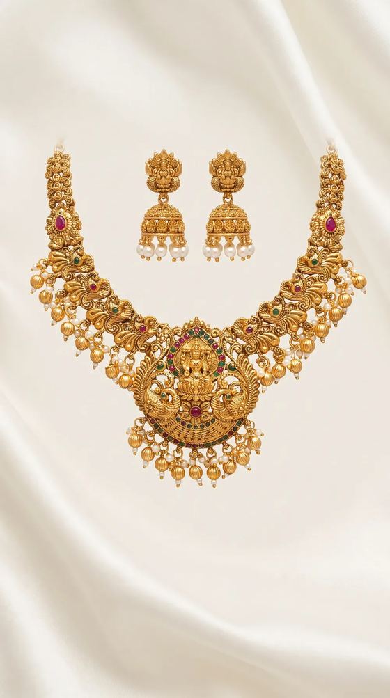 Lakshmi Peacock Temple Haar Necklace Set with Jhumkas - Gold Bead Drops - Necklace from Saubhagya Jewellery