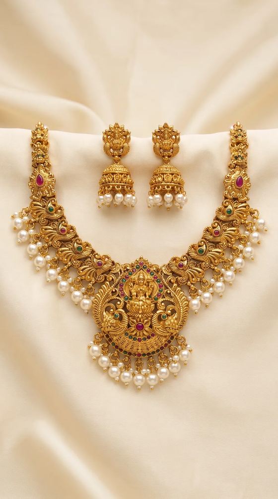Lakshmi Peacock Temple Haar Necklace Set with Jhumkas - Gold Bead Drops - Necklace from Saubhagya Jewellery