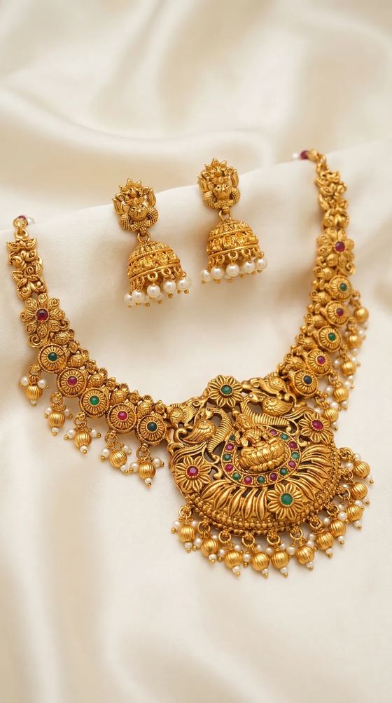 Lakshmi Floral Rosette Temple Haar Necklace Set with Jhumkas - Gold Bead Drops - Necklace from Saubhagya Jewellery