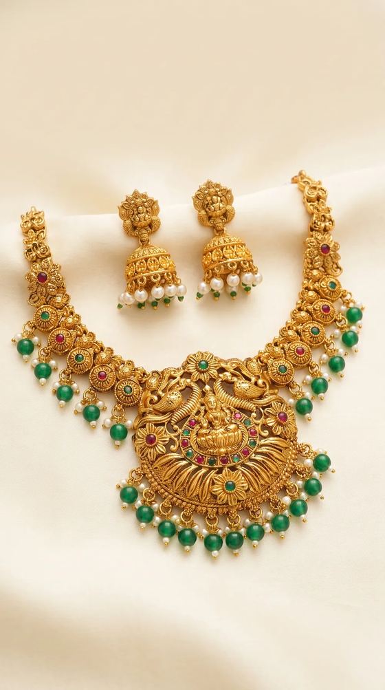 Lakshmi Floral Rosette Temple Haar Necklace Set with Jhumkas - Gold Bead Drops - Necklace from Saubhagya Jewellery
