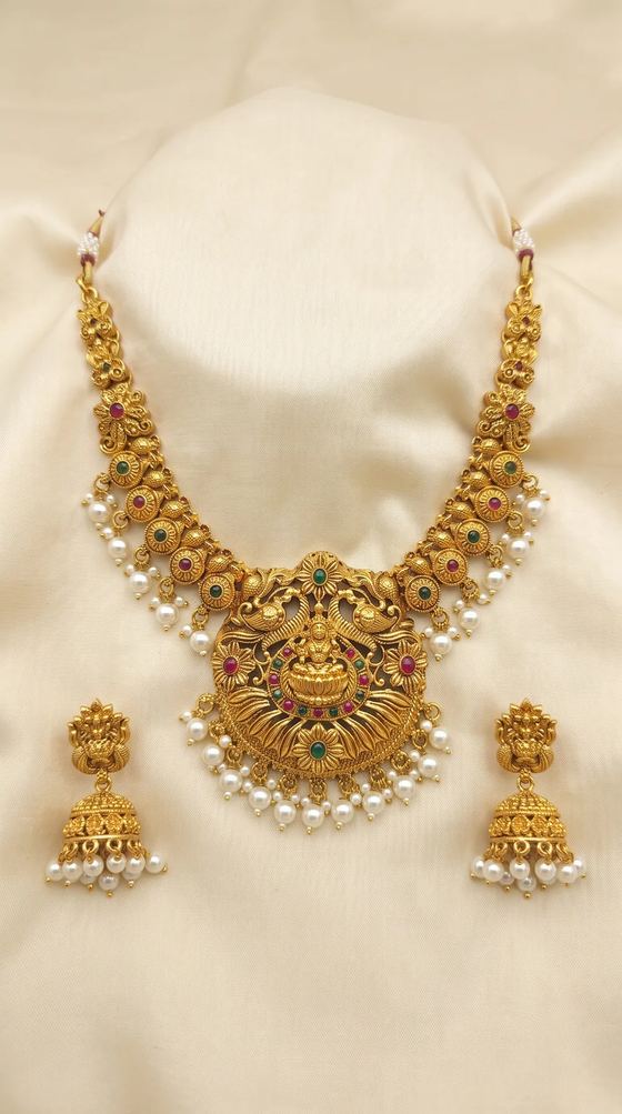 Lakshmi Floral Rosette Temple Haar Necklace Set with Jhumkas - Gold Bead Drops - Necklace from Saubhagya Jewellery