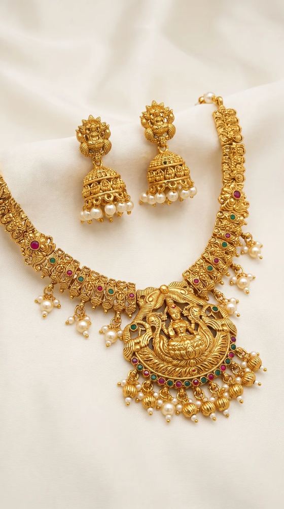 Lakshmi Arch Temple Haar Necklace Set with Jhumkas - Gold Bead Drops - Necklace from Saubhagya Jewellery