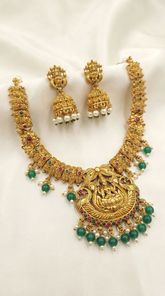Lakshmi Arch Temple Haar Necklace Set with Jhumkas - Gold Bead Drops - Necklace from Saubhagya Jewellery