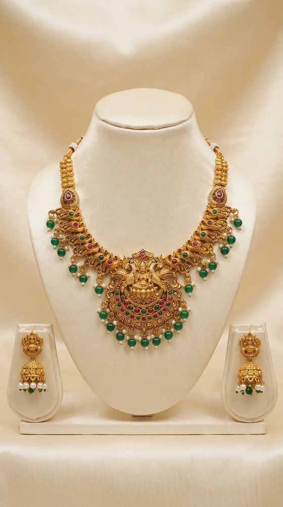 Lakshmi Kemp Stone Temple Haar Necklace Set with Jhumkas - Gold Bead Drops - Necklace from Saubhagya Jewellery