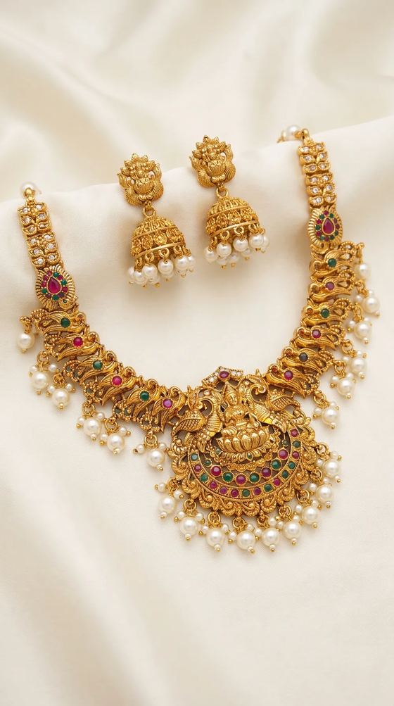 Lakshmi Kemp Stone Temple Haar Necklace Set with Jhumkas - Gold Bead Drops - Necklace from Saubhagya Jewellery